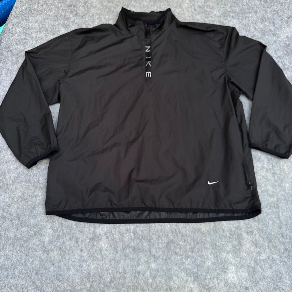VTG 90s Nike Mens XXL Center Spellout Swoosh Black Windbreaker Jacket 1/4 Zip